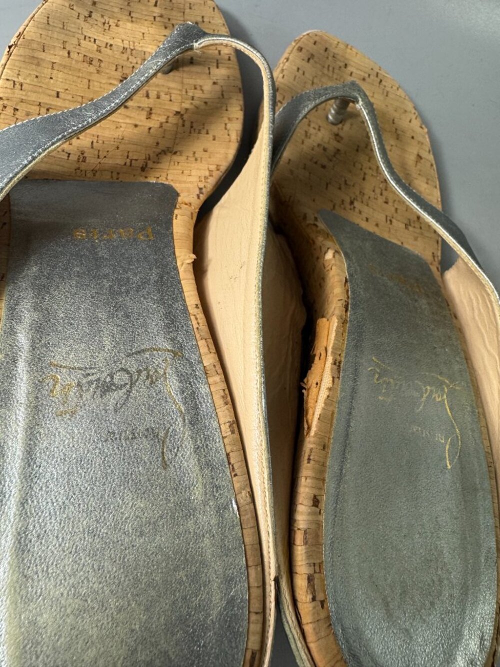 Authentic Christian Louboutin Silver Metallic Leather Cork Wedges, Size 41 - Picture 8 of 14